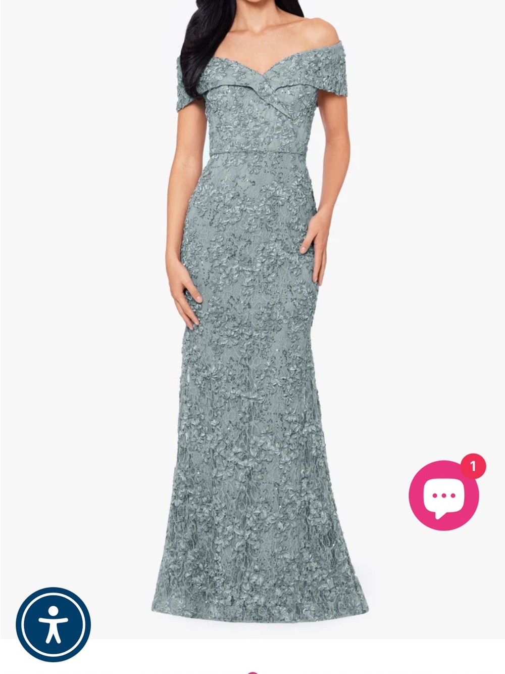 XSCAPE Off-Shoulder Lace Appliqué /rhinestone Evening Gown in Teal Blue NWT
